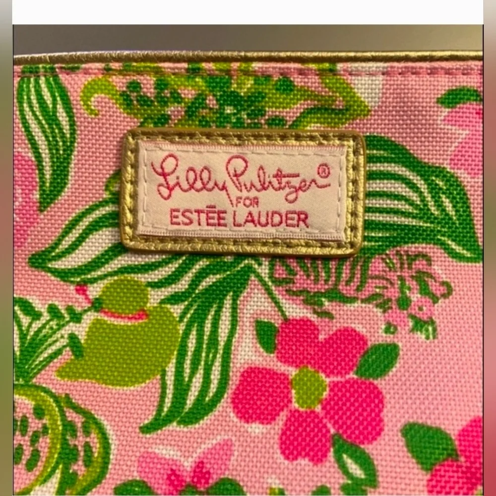 Lilly Pulitzer for Estee Lauder Pink Floral Tiger Cosmetic Bag 10x5 Gold Metal